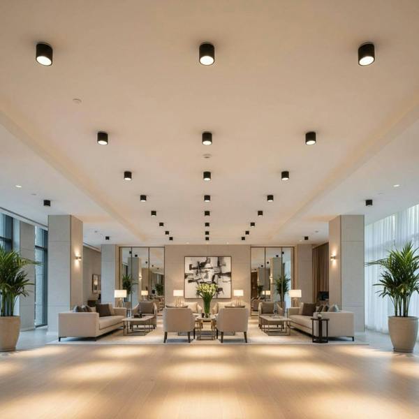 black round surface downlight mounted on the ceiling in a modern hotel reception area
