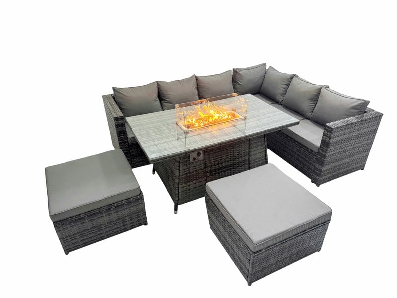 Fimous Garden Rattan Furniture Set 8 Seater Outdoor Corner Sofa Gas Fire Pit Dining Table Set with 2 Big Stools Dark Grey