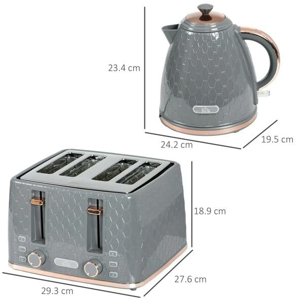 Grey toaster and kettle set with textured honeycomb body and rose-gold base trim