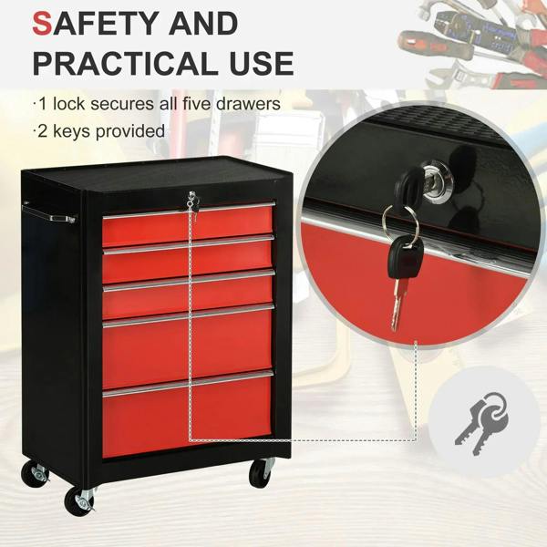 Lockable tool chest with key cylinder and keys for securing the red drawers