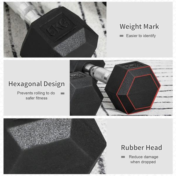 Black hex rubber dumbbell heads with 5kg weight mark and chrome handle