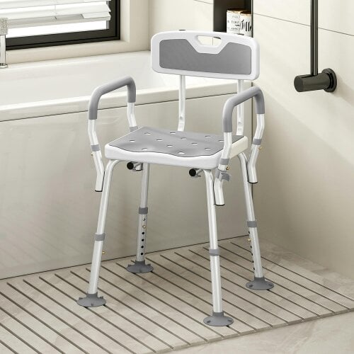 HOMCOM Padded Shower Stool with Arms and Back, 4 Suction Foot Pads, Grey - Light Grey
