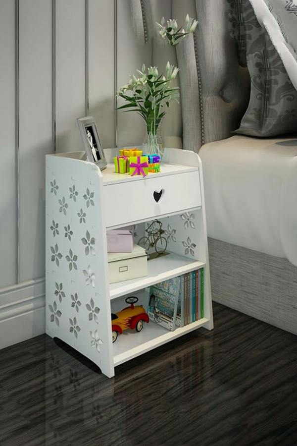 4-tier Hollow Carved Flower Pattern Wooden Side Table Nightstand with Drawer for Bedroom White