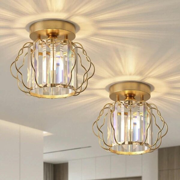 Crystal Ceiling Light Fixtures, Modern Semi-Flush Ceiling Lighting with Crystal Strips, 2 Pack, Gold Tone