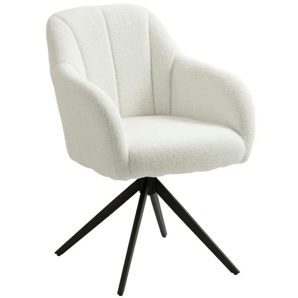 White teddy fleece accent chair with rounded arms, channel tufted back, black tripod legs