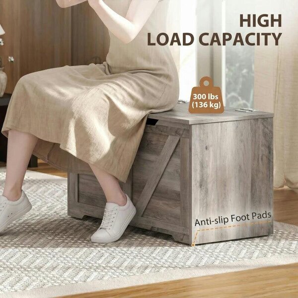 100L Home Storage Box, with Safety Hinge - Grey Wood-Effect