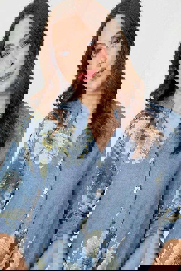 Blue | Floral Relaxed Turn-Up Sleeve Blouse
