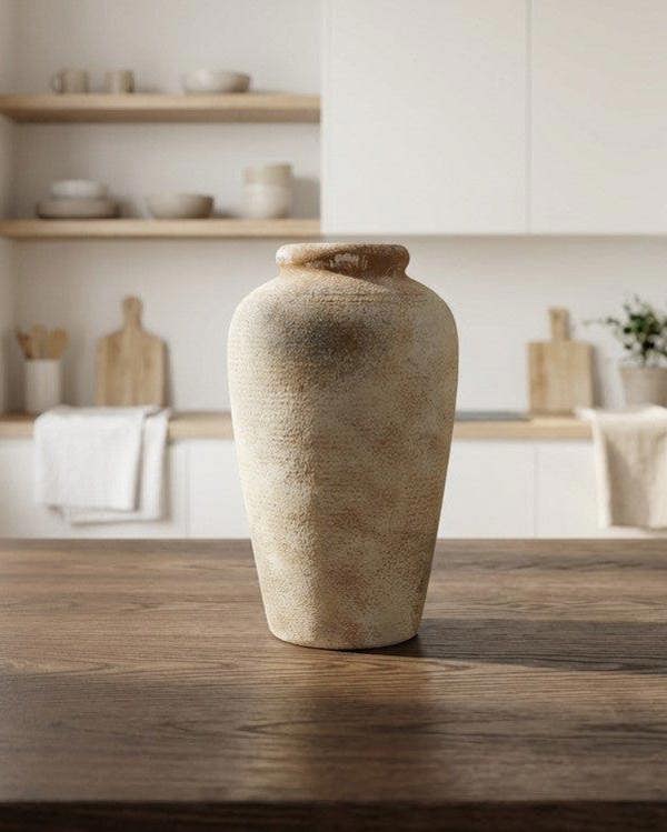 Decorative vase on a wooden table in a kitchen setting