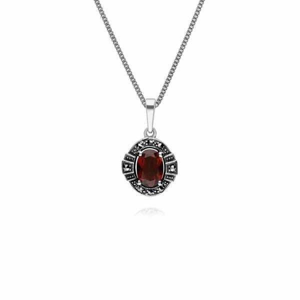 214P303303925 Art Deco Style Oval Garnet & Marcasite Halo Pendant in 925 Sterling Silver 1