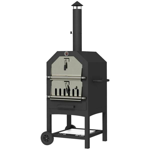 Black charcoal pizza oven grill with chimney stack, side controls, and lower shelf