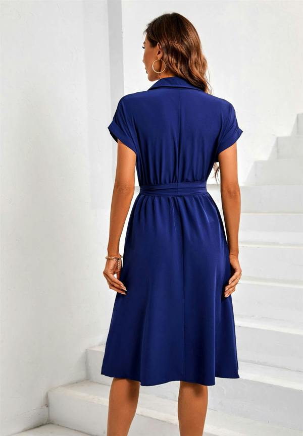 FS Collection Short Sleeve Shirt Midi Dress In Navy