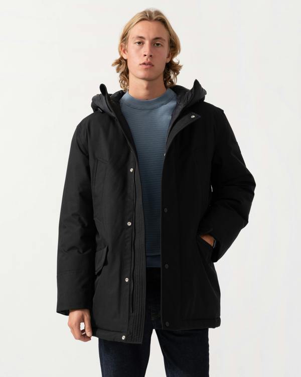 The BOSS Orange Osiass1 Mens Parka - Black 001 unzipped on a model 