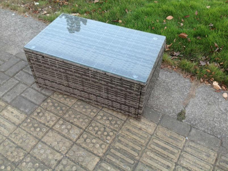Fimous High Back Garden Set, Loveseat Sofa, Coffee Table, Big Footstool and Side Table, Indoor Outdoor Patio Lounge, Dark Grey Mixed