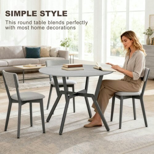 Wyld Haus Donato Grey Round Dining Table With Black Metal Legs And Anti Slip Feet 90cm