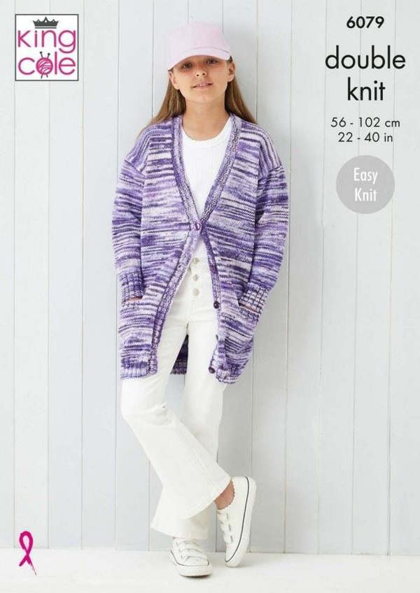 King Cole Camouflage DK Knitting Pattern 6079, Cardigans for Kids, Teenagers, Women, 22 - 40 Inches - Easy