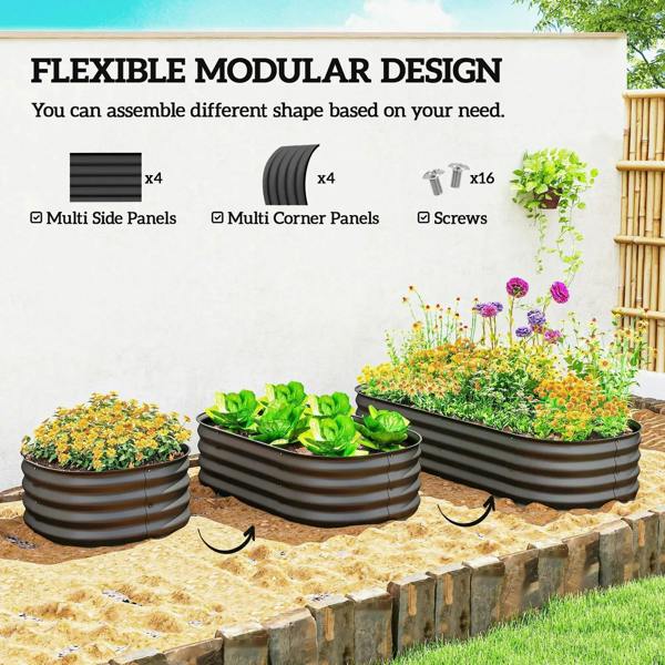 Set of dark grey modular galvanized metal raised garden beds on a stone border