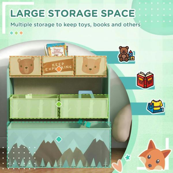 Green kids toy storage organizer with multiple shelf spaces and six fabric bins