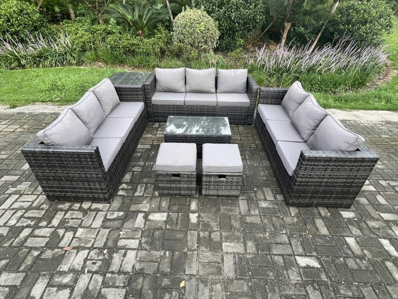 Fimous Outdoor Lounge Sofa Set Wicker PE Rattan Garden Furniture Set with Oblong Coffee Table Side Table 2 Small Footstools Dark Grey Mixed