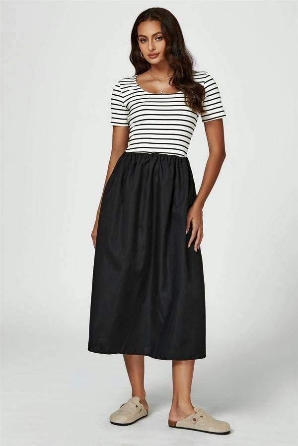 FS Collection Short Sleeve Black Stripe Midi Dress In White