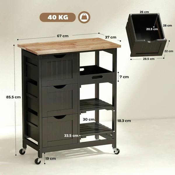 Black kitchen cart with wood countertop, drawers, and open shelves; shown with dimensions