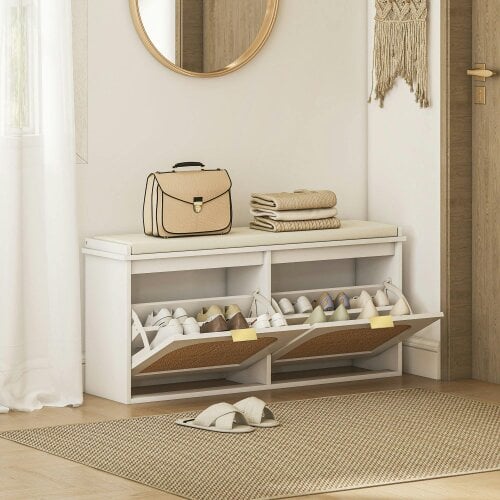 Wyld Haus Hano Wooden White Boho Style Shoe Bench With Cushioned Seat And 2 Flip Drawers