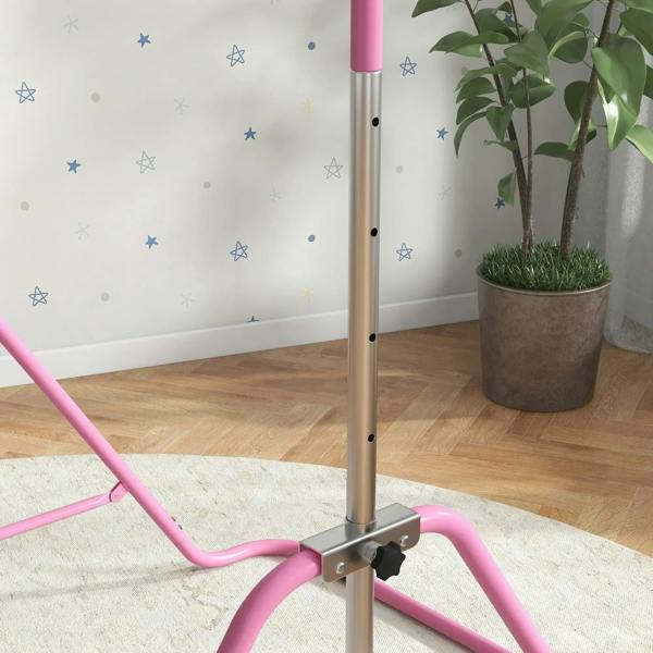 Pink kids gymnastic bar height adjustment collar on a metal base stand