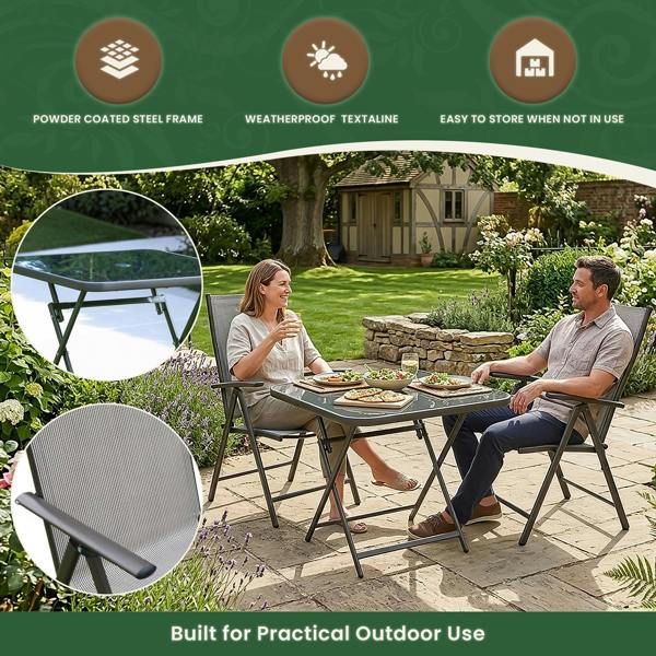 The Garden Marketplace Garden Dining Set – 2 Seater Folding Table & Reclining Chairs with Parasol Hole, Tempered Glass Top, Brown Textoline