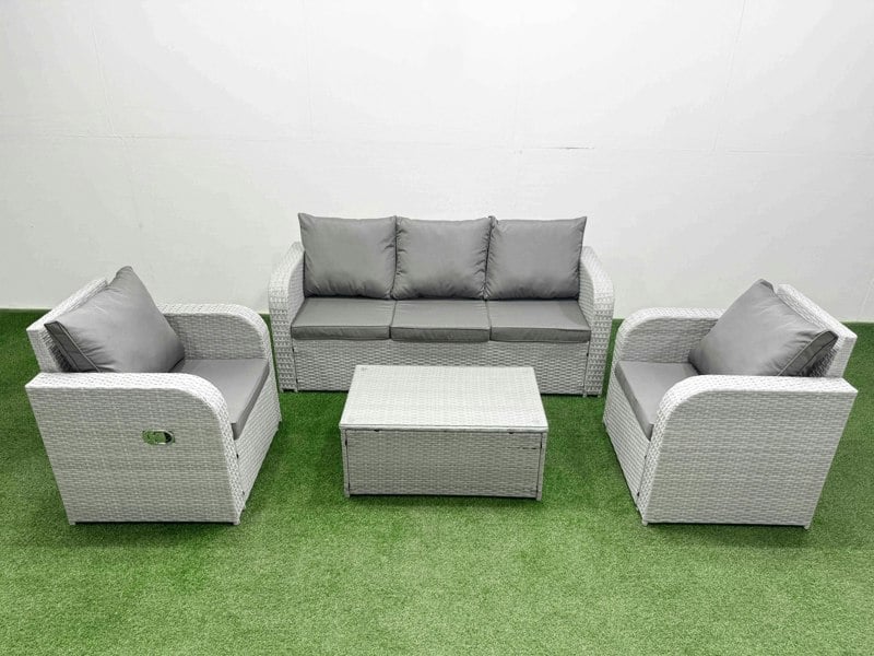 Fimous PE Rattan Garden Furniture Set Reclining Chair Sofa Lounge Sofa Set Oblong Coffee Table Light Grey