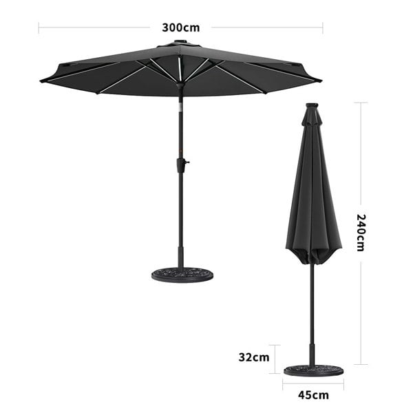 Black 3M Lighted Market Sunbrella Umbrella with Solar Strip LED Lights Parasols & Rain Umbrellas Living and Home Parasol + 10KG Petal cement tank base
