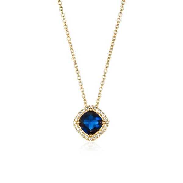 namana Gold Plated Sterling Silver Blue Cubic Zirconia Cushion Halo Pendant Necklace