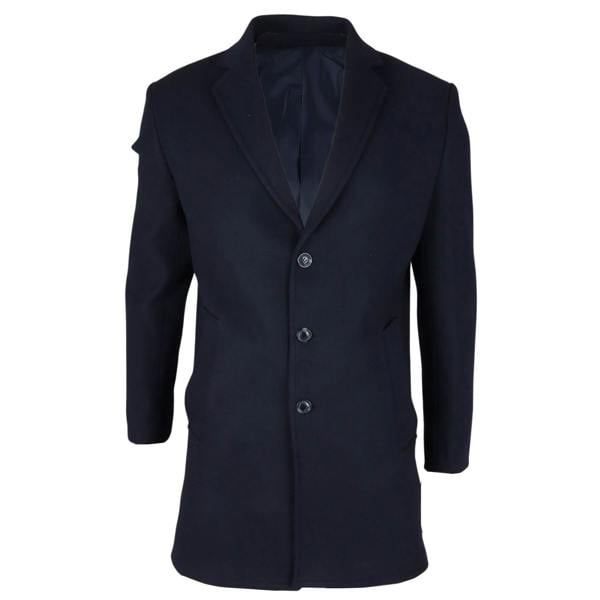 Infinity Leather Men's Notched Lapel Collar Wool Blend Navy Overcoat