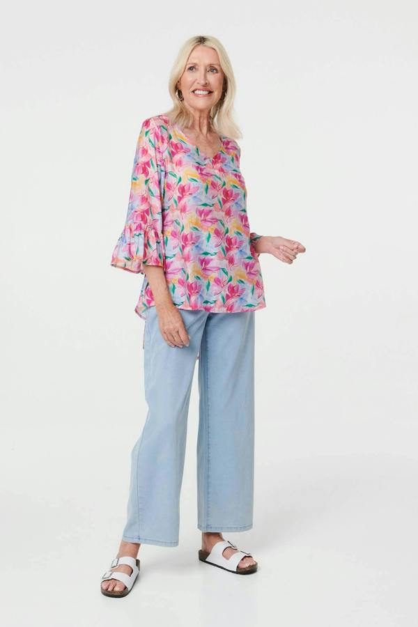 Pink | Floral Relaxed 3/4 Flare Sleeve Blouse
