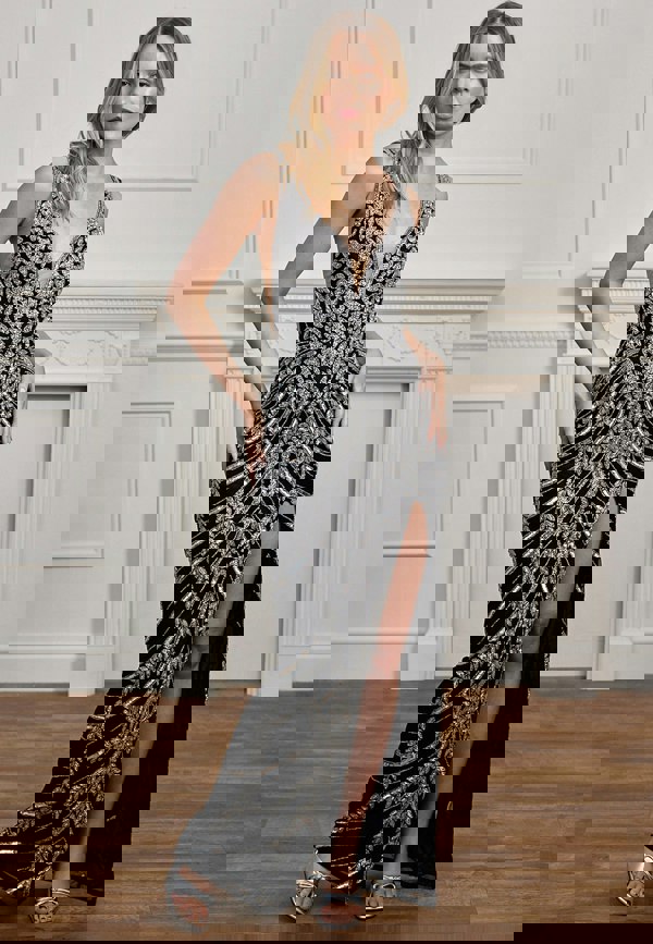ANGELEYE Plunge Neck Silver Sequin Embellished Black Maxi Dress