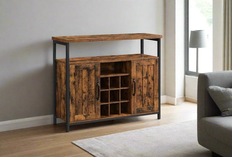 Rustic brown and black sideboard buffet table with wine holder and storage cupboard in modern kitchen

