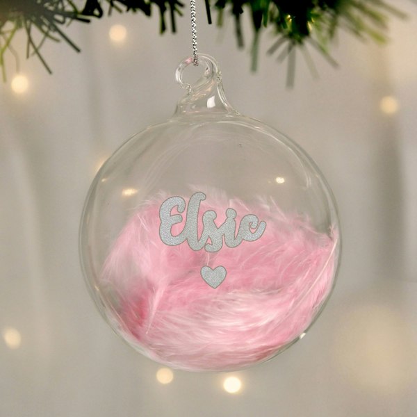 Personalised Memento Company Personalised Pink Feather Silver Heart Glass Bauble