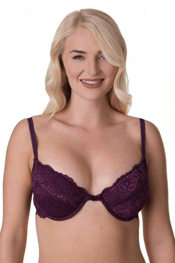 Womens Aubergine Floral Lace Padded Underwired Bra