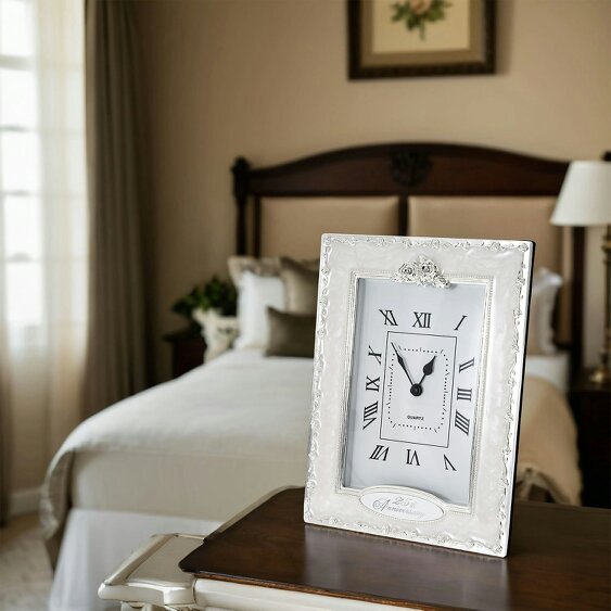 Happy Homewares 25th Anniversary Clock in White Epoxy with Silver Plated Roses and Diamantes