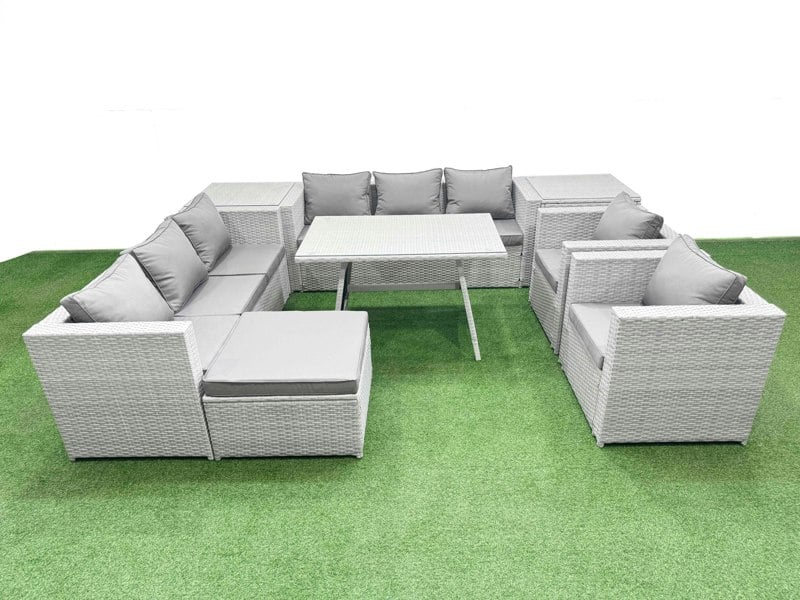 Fimous 9 Seat Garden Furniture Set PE Rattan Garden Sofa Set with Rectangular Dining Table Big Stool 2 Side Tables Light Grey