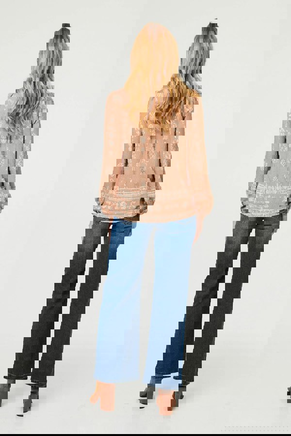 Beige | Printed Lace Trim Long Sleeve Blouse
