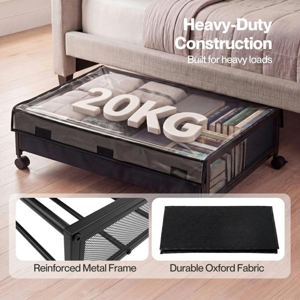 Levede Under Bed Storage Box with Lid Wheels 48L  Metal Frame Black