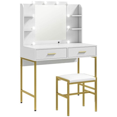 Wyld Haus Doraro White LED Dressing Table With Lighted Mirror Cushioned Stool Drawers And Shelves