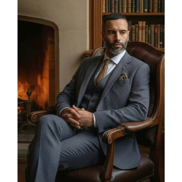 House Of Cavani Thomas - Men’s Navy 3 Piece Wool Blend Tweed Suit