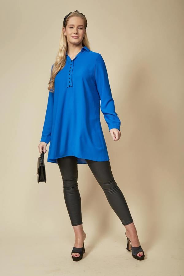 Hoxton Gal Tunic Shirt with Button Details in Blue