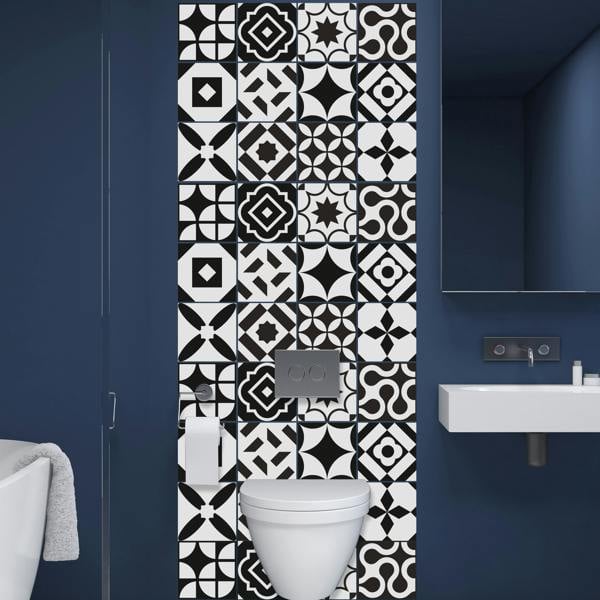 WT1545 - Ross Black and White Wall Tile Sticker Set - 15 cm x 15 cm - 24 pcs