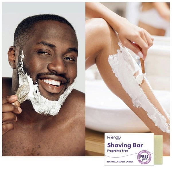 Split picture showing a male shaving his chin and a woman shaving her legs