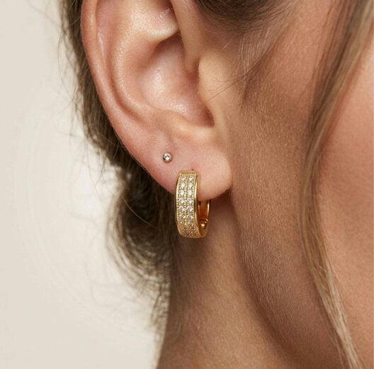 The Colourful Aura Gold Double Row Pavé Crystal Huggie Hoop Earrings | 1cm Brass Hoops