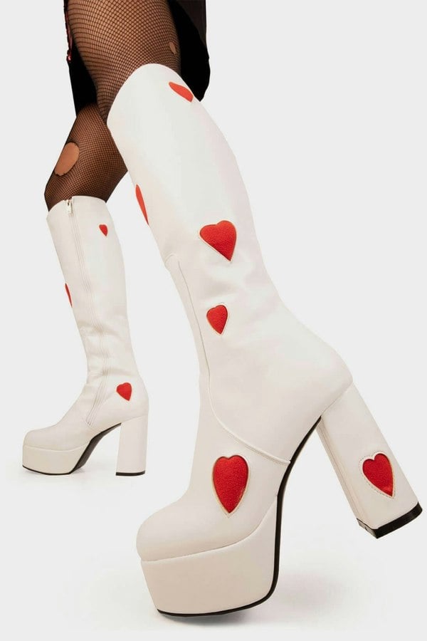 Lamoda Jam Tarts Platform Knee High Boots White/Red Heart, Fashion Boots