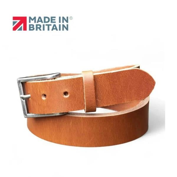 Tan leather belt with silver buckle on a white background, featuring 'Made in Britain' logo.