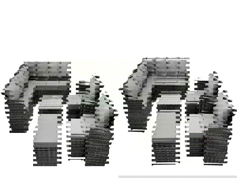 Fimous 11 Seat Poly Rattan Outdoor Patio Coffee Table Corner Sofa Set with 3 Stools 2 Chairs for Garden Backyard Dark Grey Mixed