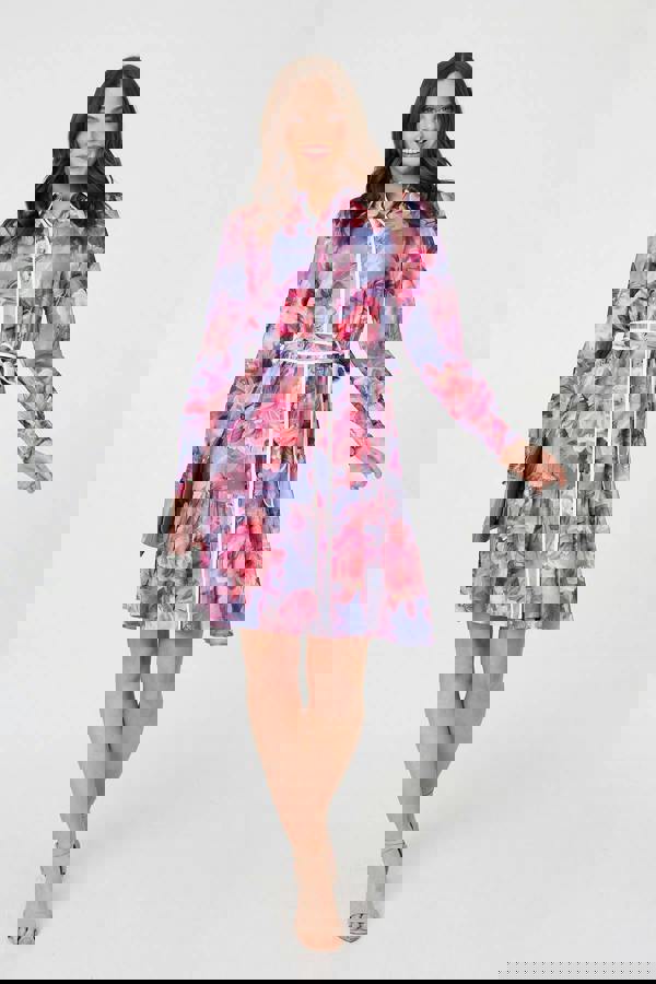 Purple | Floral Tiered Knee Length Shirt Dress